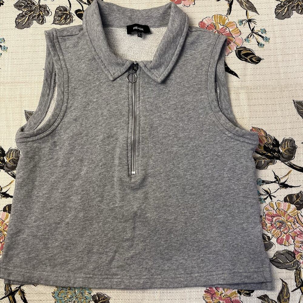 ME+EM Women 6 Gray 1/2 Zip Front Collared Jersey Sweatshirt Cropped Cotton Vest